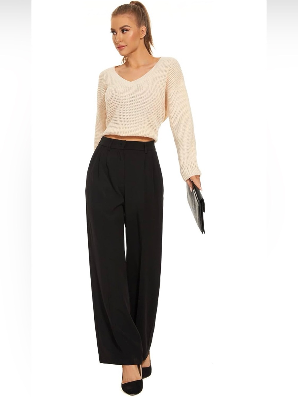 Funyzo Women Wide Leg Pants Elastic Waisted Slacks Work Pant - Black Small Short
